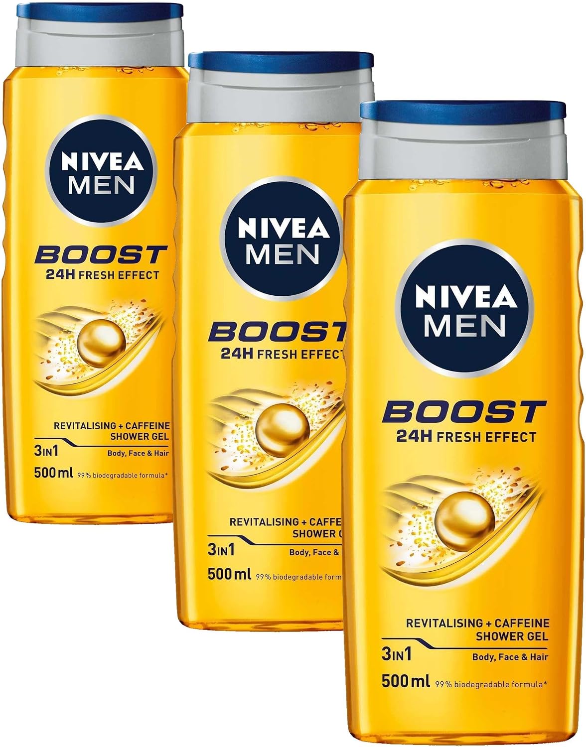NIVEA Men Boost Duş Jeli 500 ml, 3'ü 1 Arada Komple Bakım, Vücut, Saç ve Yüz için, Kafein ile Canlandırıcı Bakım (3 paketi)