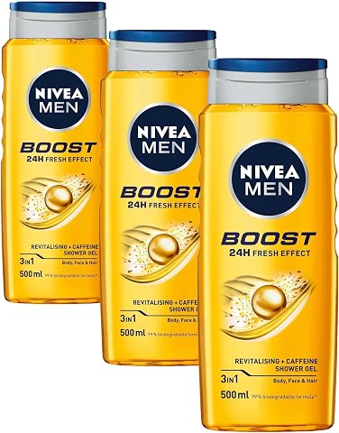 NIVEA Men Boost Duş Jeli 500 ml, 3'ü 1 Arada Komple Bakım, Vücut, Saç ve Yüz için, Kafein ile Canlandırıcı Bakım (3 paketi)