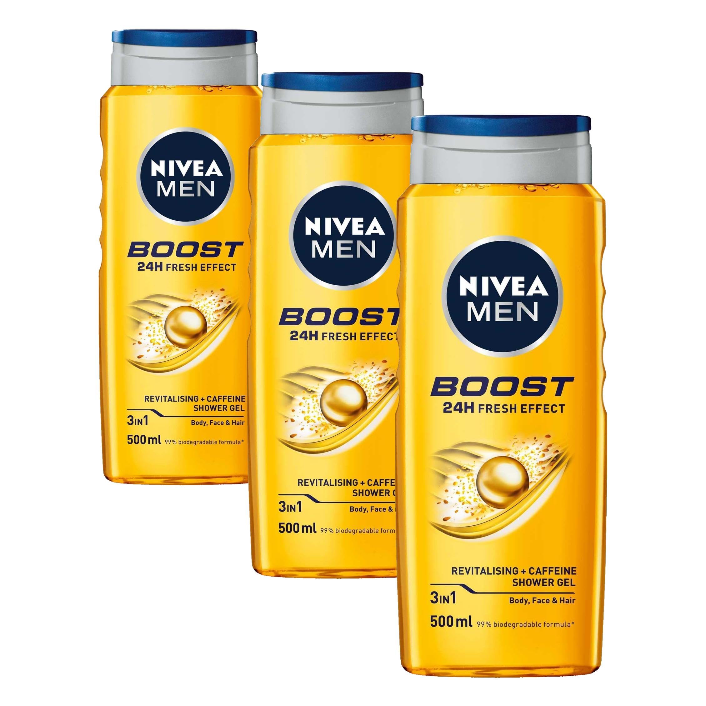 NIVEA Men Boost Duş Jeli 500 ml, 3'ü 1 Arada Komple Bakım, Vücut, Saç ve Yüz için, Kafein ile Canlandırıcı Bakım (3 paketi)