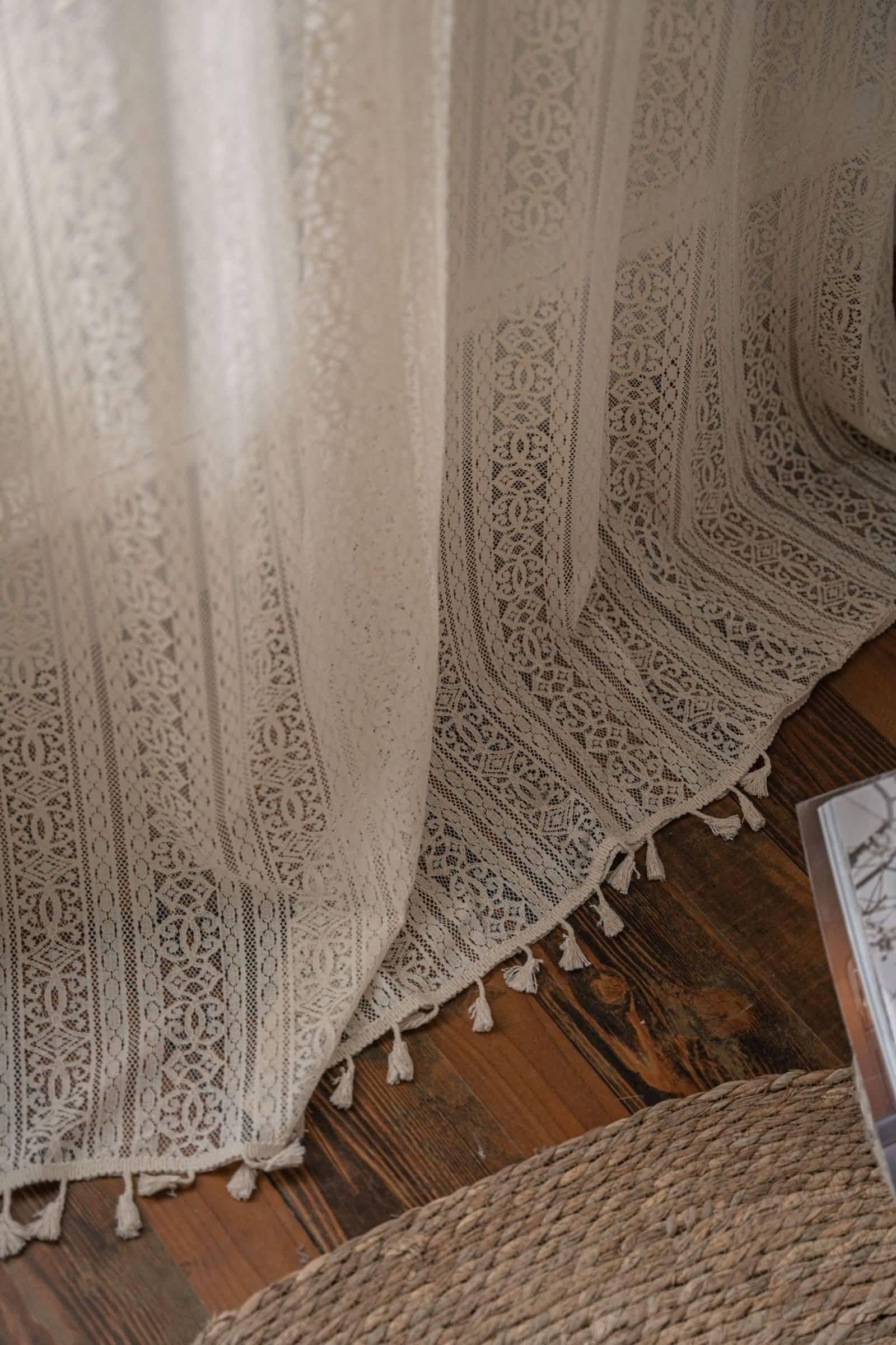 Voile Vorhang mit Ösen, Halbtransparente Vorhänge aus gestrickter Spitze mit Quasten als Dekoration für Zimmer aus Nylon Baumwolle, Beige-Ösen, 150x180CM-2 STÜCK