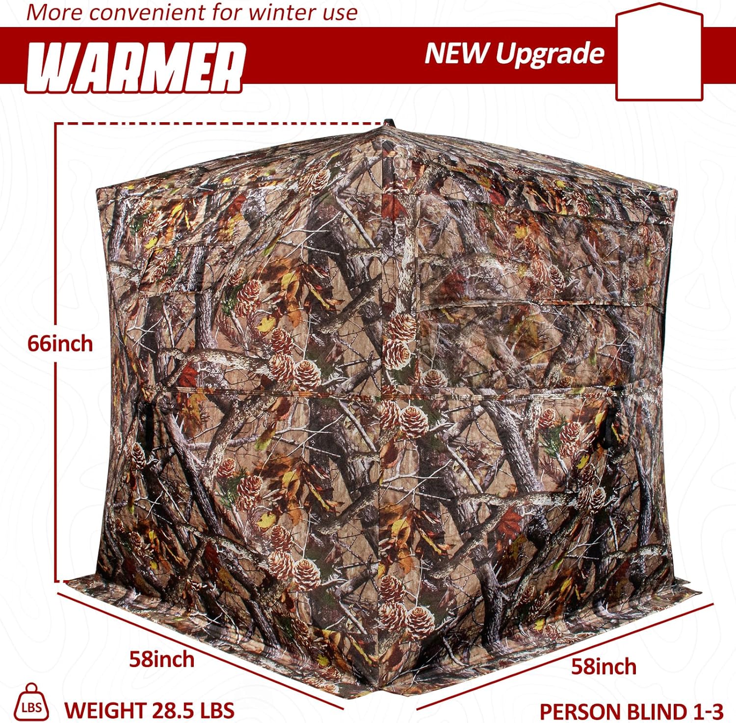 Insulated Hunting Blind for Cold Weather, 300D Oxford Ground Blind with Cotton Layer, 3 See-Through Mesh Windows, Windproof & Warm Hunting Tent for Deer & Turkey Hunting