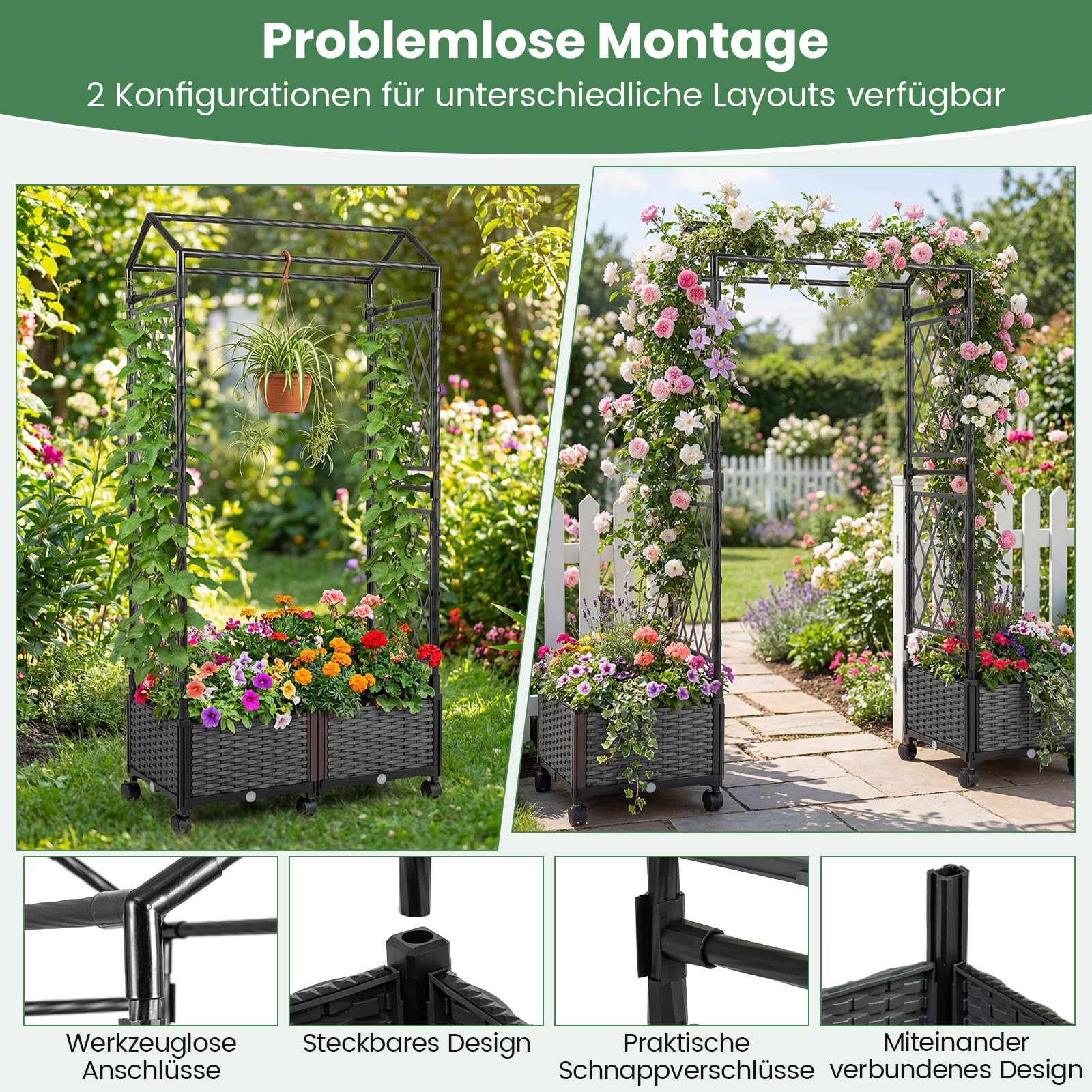 COSTWAY Blumenkasten mit Rankgitter & hängendem Dach, 163 cm, 2 in 1 Rosenbogen mit 2 Pflanzkästen, Gartenbogen auf Rollen, Metall & PP-Rattan, Rankkasten mit Spalier, für Kletterpflanzen (Grau)