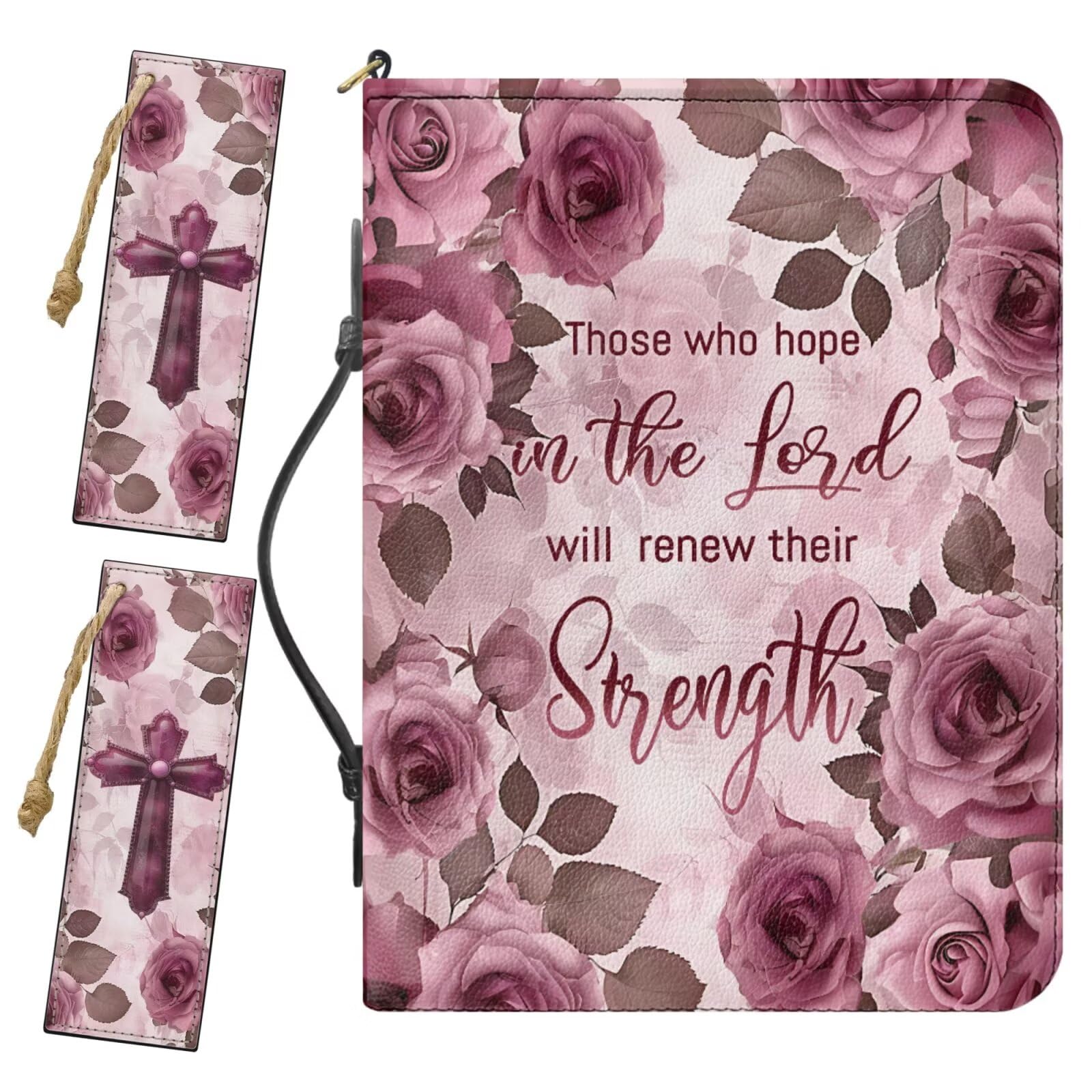 Buxolandt Small PU Leather Bible Bags for Women Organizer, Comes with 2 Leather Bookmarks Built-in Pocket, Bible Cover with Handle, Cross Pink Rose Text Print Women's Christian Gifts