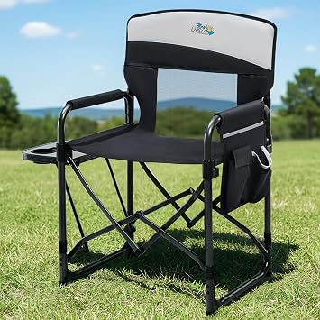 Camping Directors Chair with Side Table & Breeze Mesh Backrest | Oversized Heavy Duty Lawn Chairs with Pocket, 1-Step Setup Portable Folding Camp Chair for Beach, Sports, Fishing, Tailgating