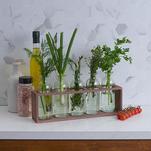 Miniatura 7 de Elements Botellas de vidrio decorativas de 13.58 x 2.95 x 6.3 pulgadas en organizador de madera, incluye 5 botellas de vidrio verde en bandeja con