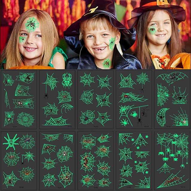 Adisno 10 Sheets Halloween Face Makeup Stickers, Waterproof, Halloween Temporary Luminous Tattoo, Glow in Dark Tattoo Stickers for Kids Boys Girls Birthday Party Gift Bag Filler