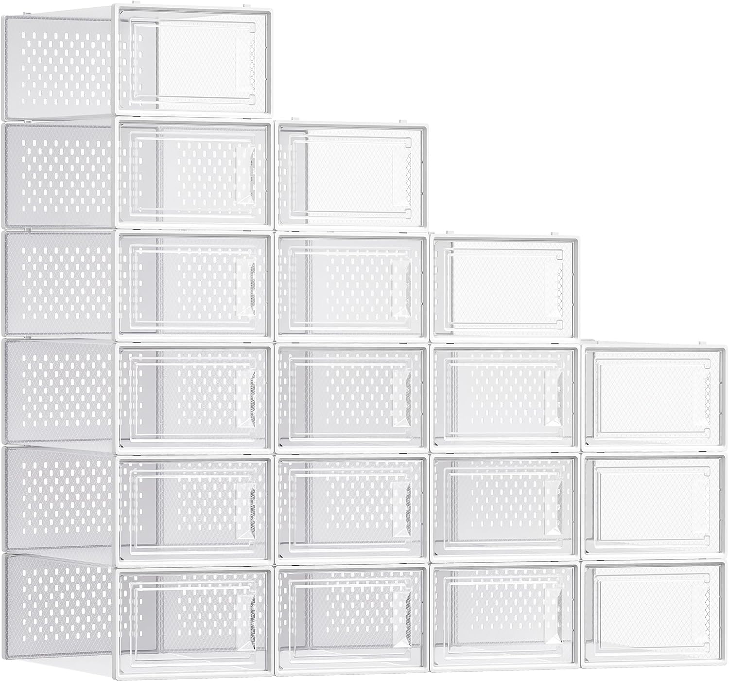 SONGMICS Shoe Boxes, Pack of 18 Shoe Storage Organizers, Stackable Clear Plastic Boxes for Closet, Sneakers, 13.1 x 9.1 x 5.6 Inches, Transparent and White ULSP18SWT