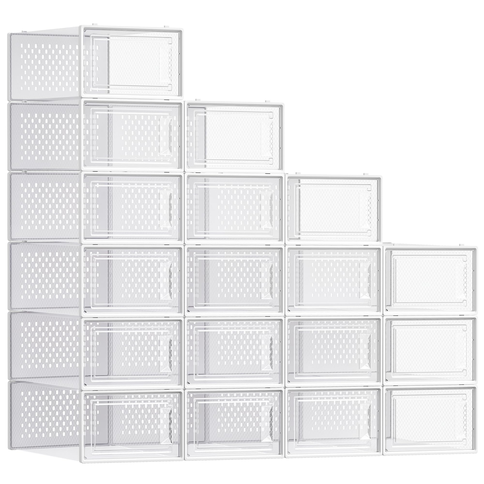 SONGMICS Schuhboxen, Schuh-Organizer aus Kunststoff, faltbar und stapelbar, für Schuhe bis Größe 43, 18er Set, transparent-wolkenweiß LSP18SWT