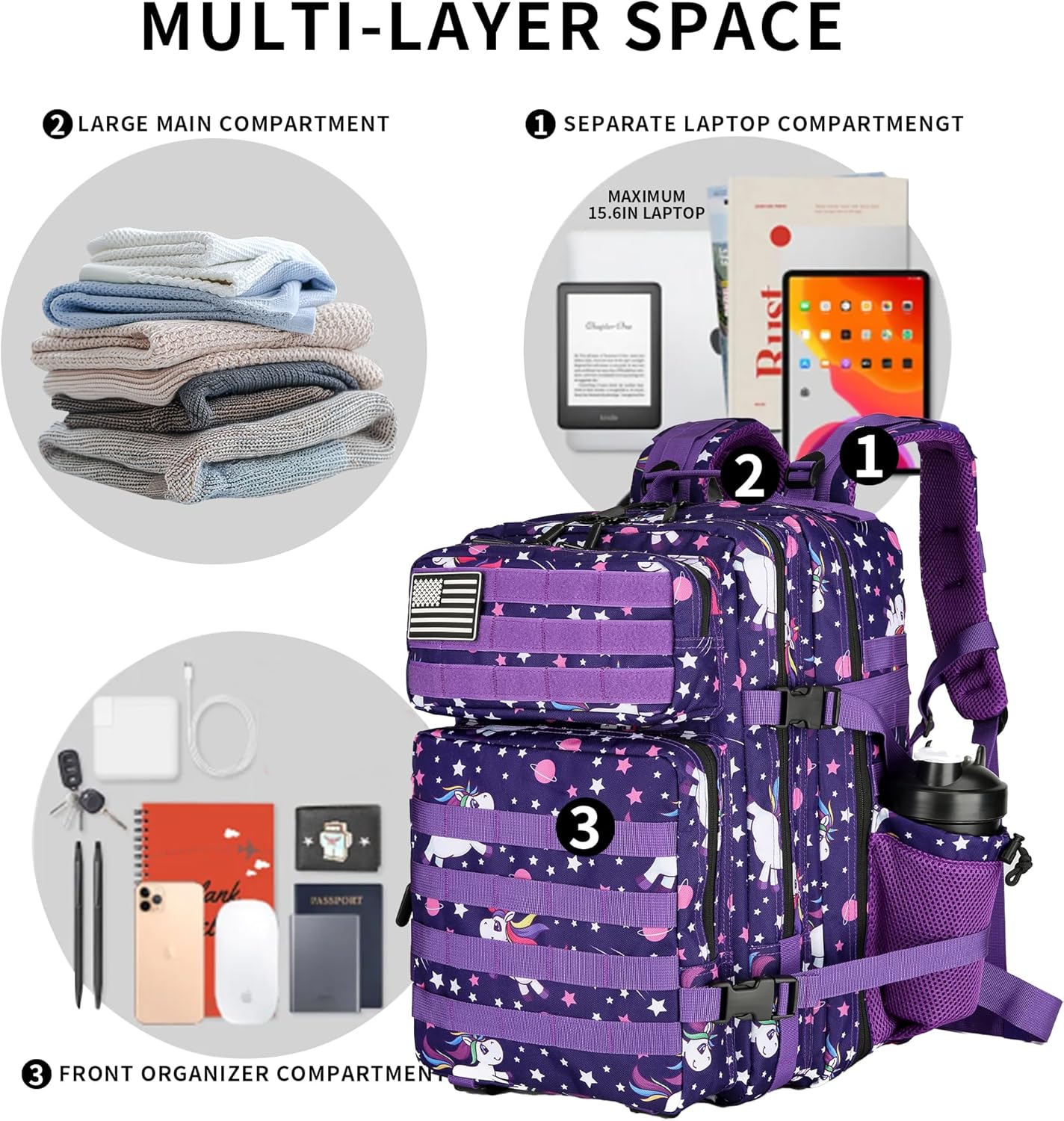 25L Tactical Military Backpack Small Travel Rucksack for Men and Women Assault Pack Bug Out Bag Molle Daypack Gym Backpack with Bottle Holder (Purple Pony) - Image 6