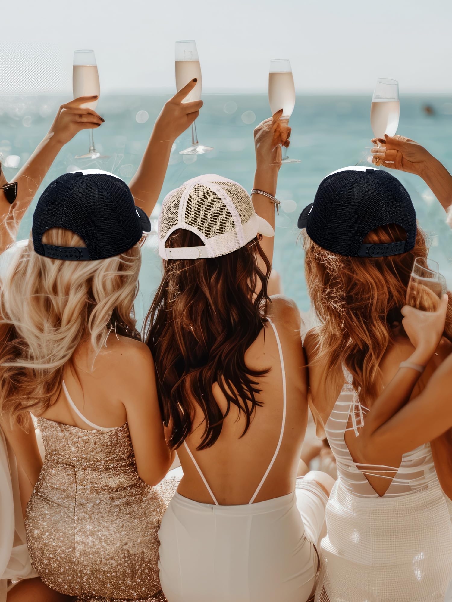 Shyyween El paquete de 8 gorras para despedida de soltero incluye 7 sombreros de camionero del club de Bach, 1 paquete de gorra de novia del club de la novia, propuesta de gorra de playa, despedida de