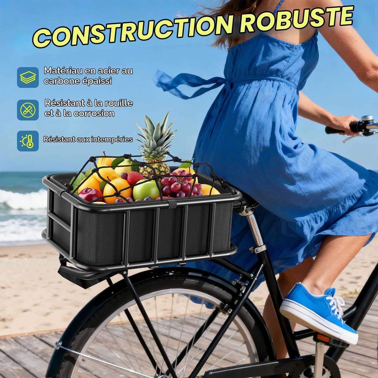 Panier Velo Arriere pour vélo,Carbone épais,Charge maximale 30 kg, Panier avec Doublure étanche et Filet élastique, résistant à la Rouille et aux intempéries, Compatible vélo et vélo électrique