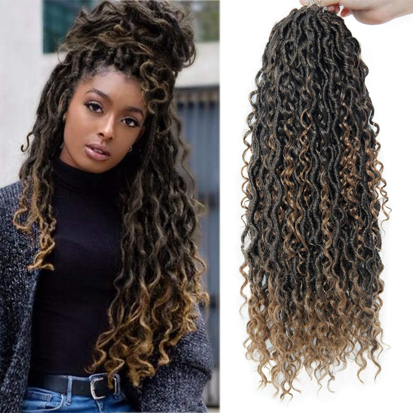 BEkjdiof NEW Goddess Locs Crochet Hair River Fauxs Locs 18Inch Pre Looped Synthetic Deep Curly Hairstyle Ombre Fauxlocs Crochet Braids Extensions 4Packs(1B/27, 18inch) …