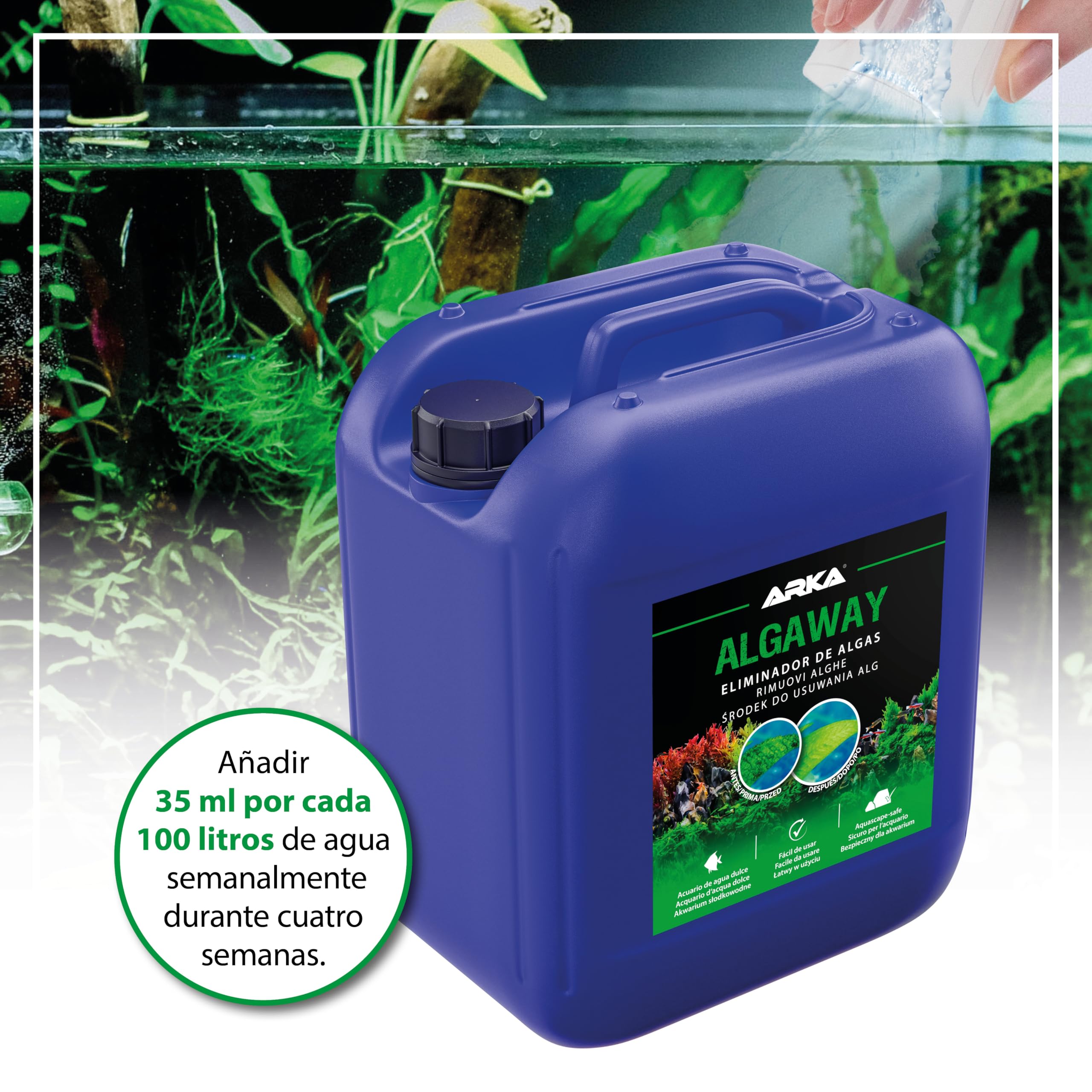 Eliminador de Algas para Acuario 5000 ml – ARKA Algaway – Tratamiento contra Algas filamentosas, Verdes y puntuales – sin Cobre y Seguro para Plantas – Agua Clara y Saludable – acuarios de Agua Dulce