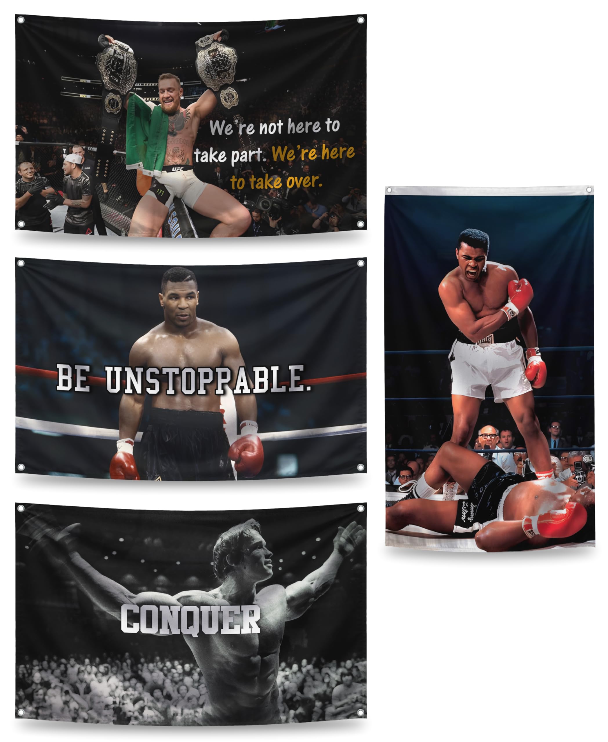 LUIVU Set of 4 Motivational Sports Quote Polyester Flags 3x5 Ft, 4 & 2 Grommets, Single Sided, Muhammad/Boxing Theme
