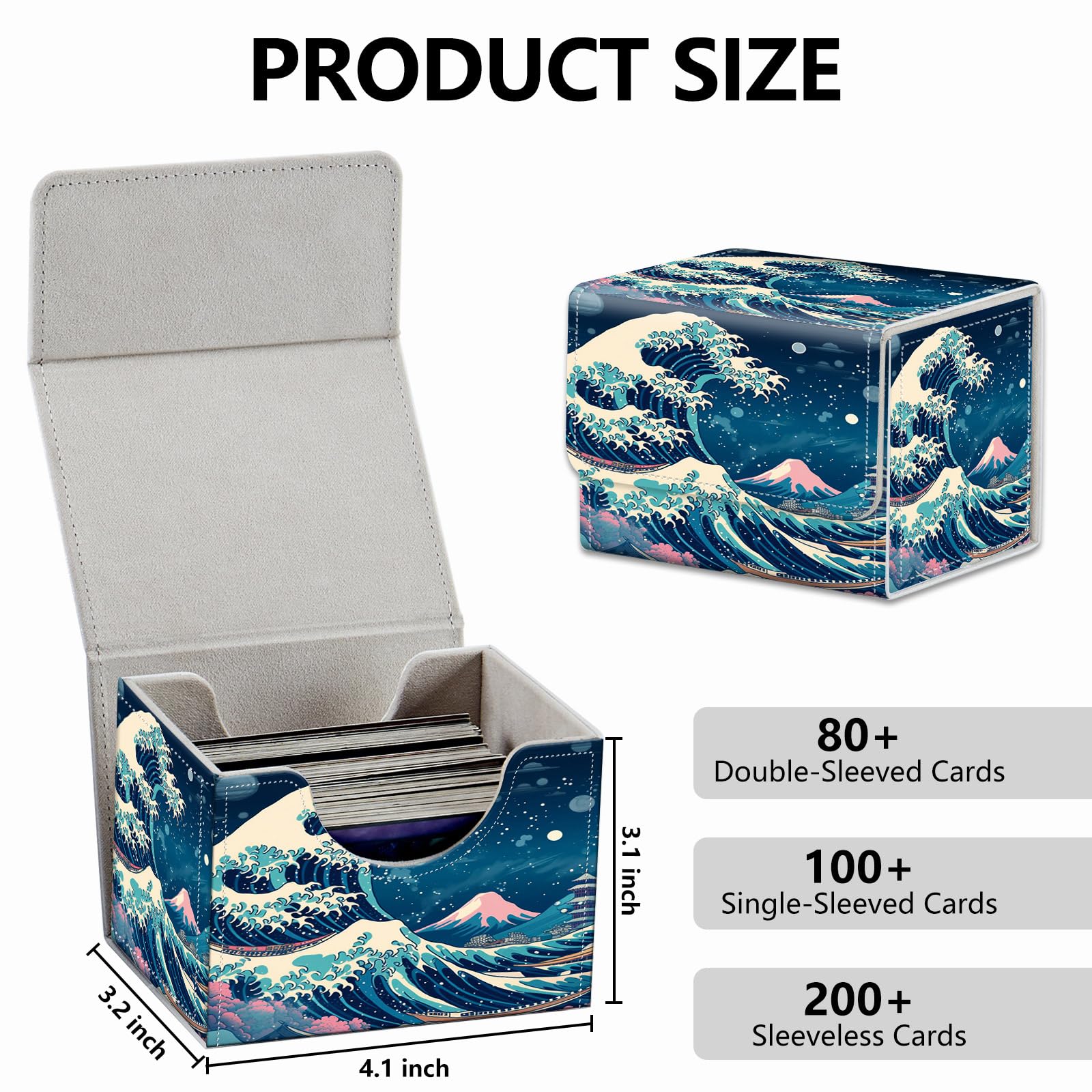 Scatola per carte con magnete forte, scatola per carte da gioco, scatola magica TCG fino a 200 carte, motivo creativo, per giochi di carte collezionabili, onde blu
