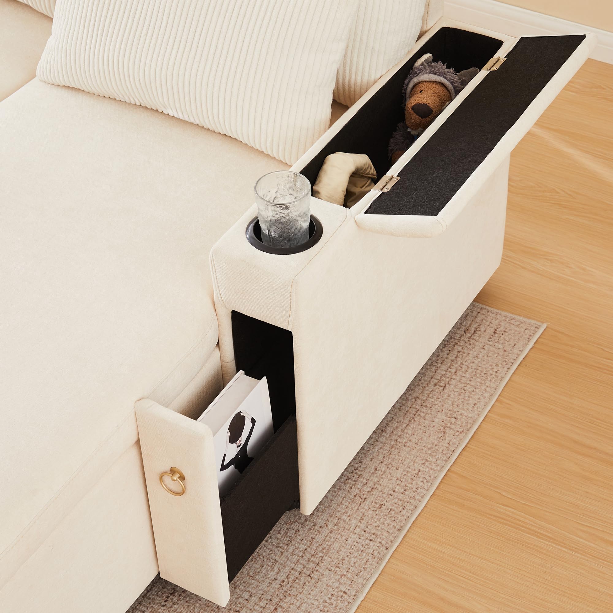 Sofá de esquina en forma de U de terciopelo acanalado con cama para invitados extraíble, sofá moderno de 4 plazas con compartimento de almacenamiento, portavasos y función de cama, asiento tipo chaise