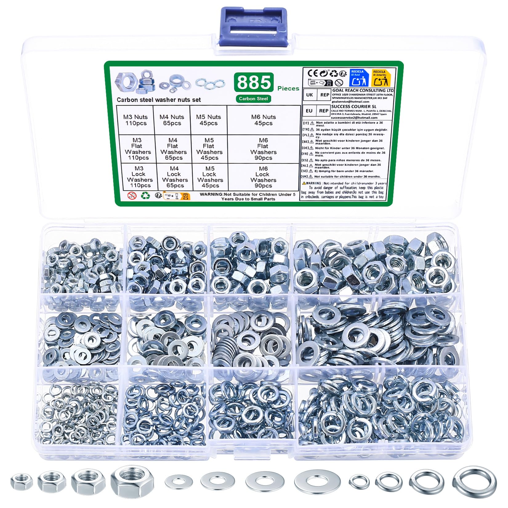 885 Pz Set di Dadi Esagonali e Rondelle Piatte e Rondella a Molla : 265 Dadi Esagonali, 310 Rondelle di Sicurezza, 310 Rondella a Spirale, Kit Dado Elementi per Viti Bulloni Filettate(M3 M4 M5 M6)