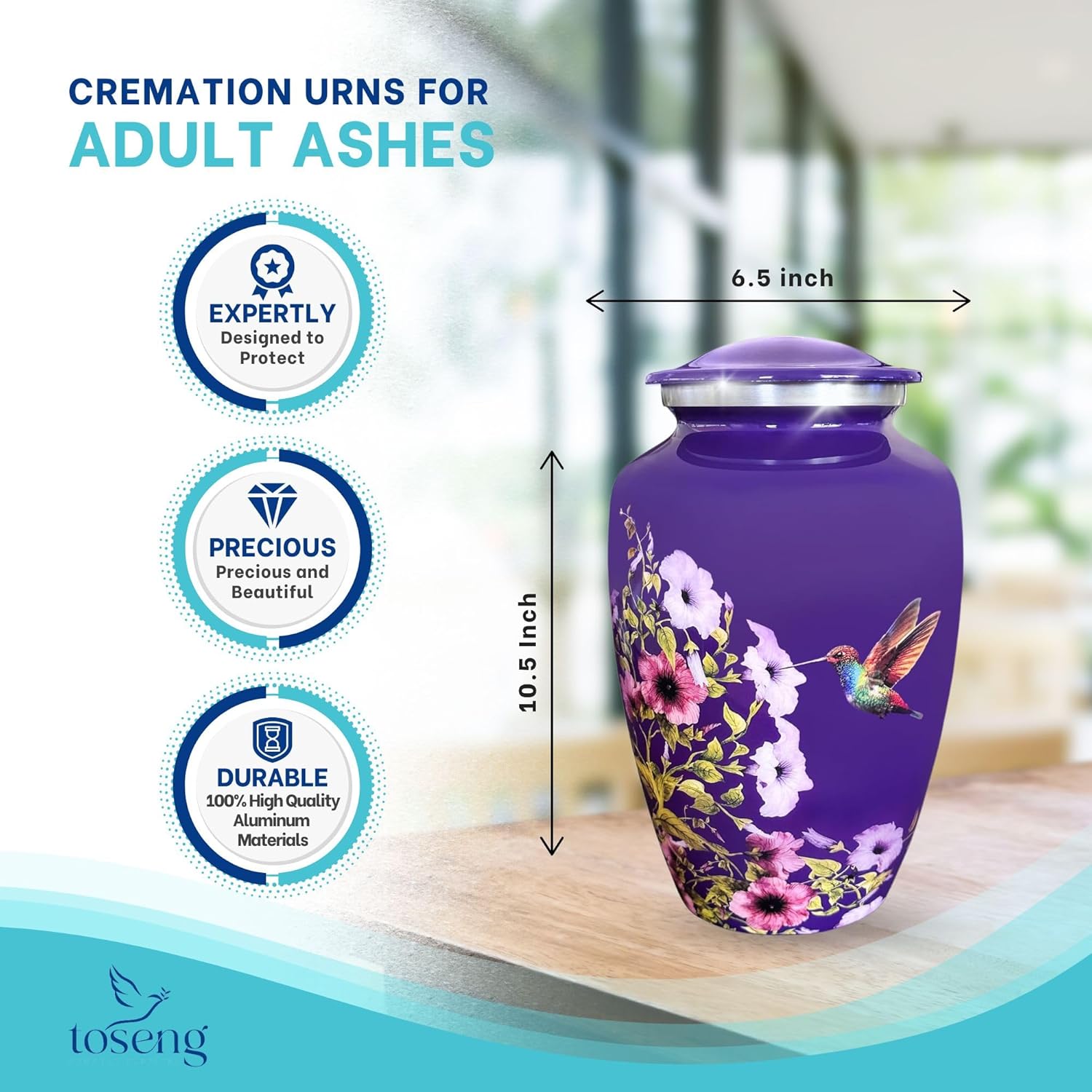 Purple Hummingbird Urn for Human Ashes - Large Cremation Urns for Adult Ashes - Polished Aluminum Funeral Burial Memorial with Velvet Bag, 200lb Capacity - Image 4