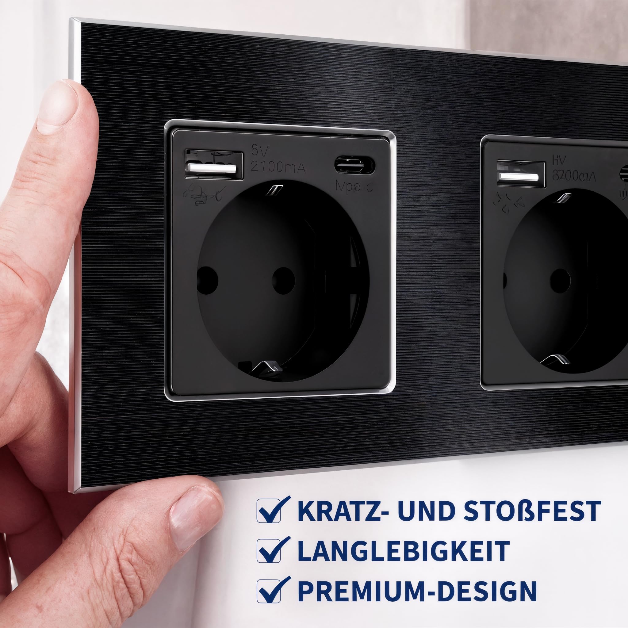 PULSAR Schuko-Steckdose USB-C/A 20 W 16A Schwarz 3-Fach Aluminium-Rahmen