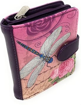 Shag Wear Vintage Dragonfly Small Womens Wallet, Vegan Faux Leather Bifold with Card Slots, ID Window and Compact Snap Closure in Purple 4.5"