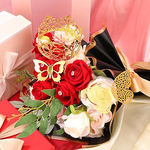 Miniatura 5 de Kigeli 148 piezas de accesorios para ramos de flores incluyen 20 hojas de papel de regalo de flores, 4 coronas, 24 mariposas 3D, decoración de