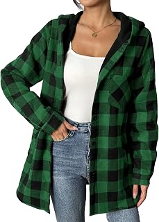 Women Flannel Fleece Shacket Jacket Plaid Button Down Long Sleeve Shirt 2024 Fall Winter Outfits Clothes with Hooded