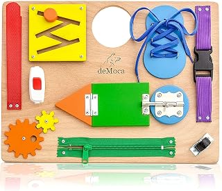 deMoca Busy Board Montessori Toy for Toddlers, Kids Sensory Wooden Activity Board with 10 Preschool Educational Activities to Develop Fine Motor Skills, Learning Travel Toy, Gift for Boys and Girls