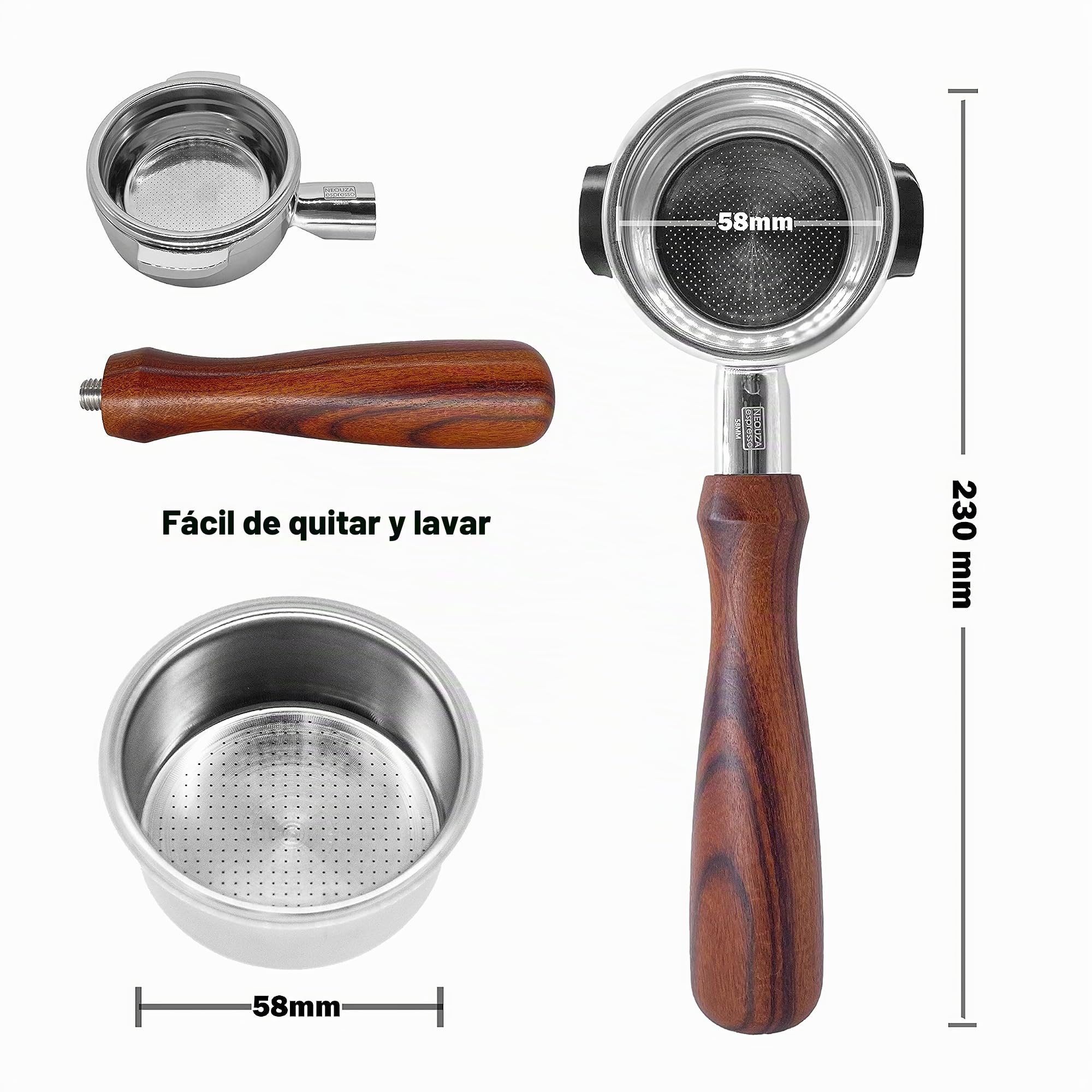 NEOUZA Porta-lápis sem fundo de 58mm para máquina de café expresso compatível com E61 Universal Gemilai 304 aço inoxidável duas orelhas com cesta de filtro