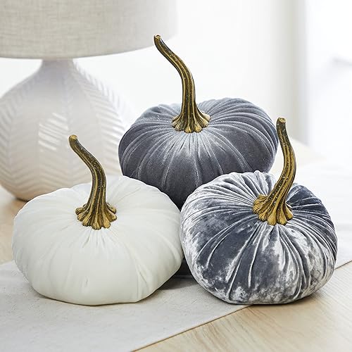Vista 49 de Set of 3 Velvet 6.25 Inch Pumpkins, fall decor, cozy autumn vibe, tiered tray tablescape, elegant accent decor, Thanksgiving centerpiece, neutral