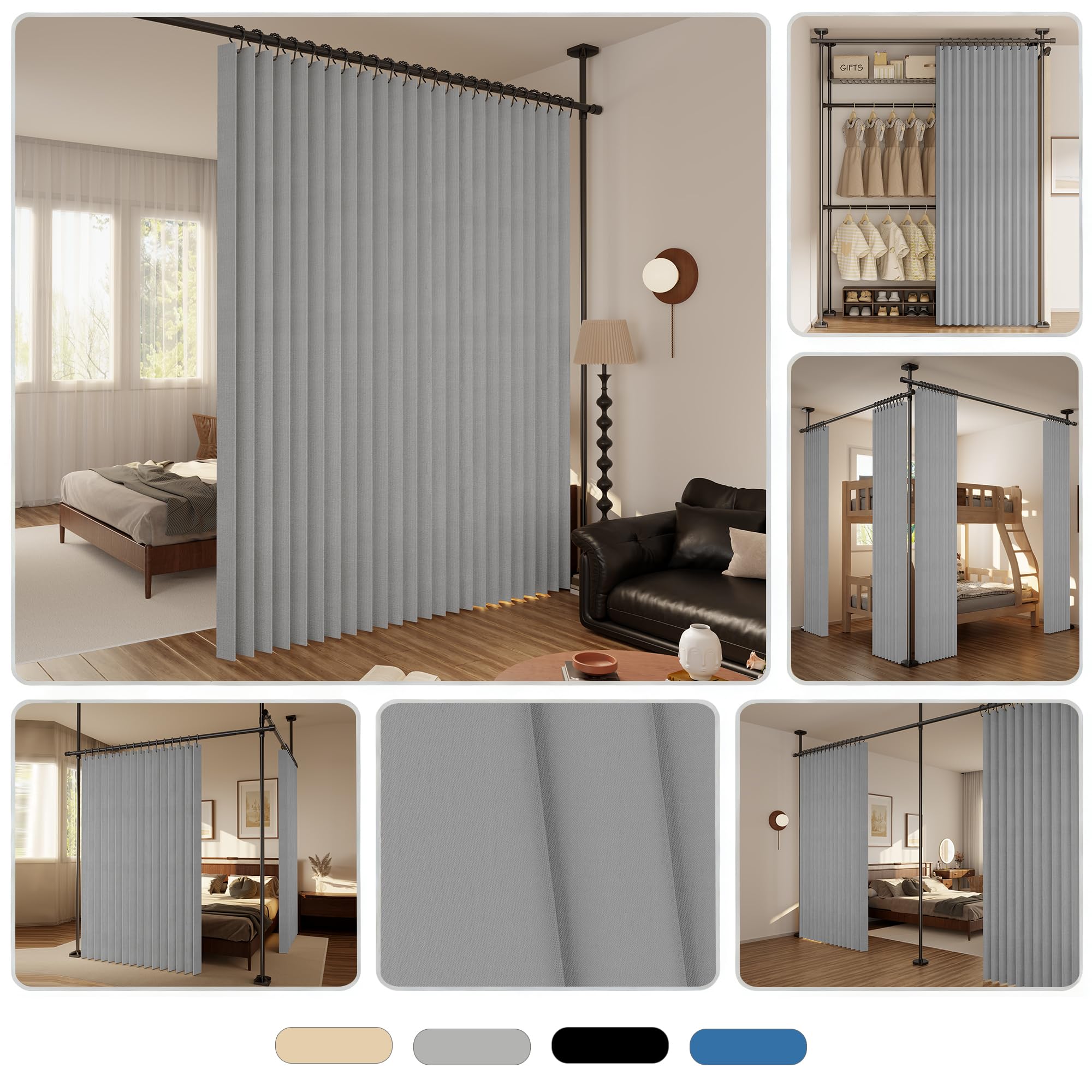 Blackout - Cortina divisoria plegable extraancha, para puerta, armario, dormitorio, oficina en casa, incluye gancho y cinta (gris, 240 x 200 cm, 1 unidad)