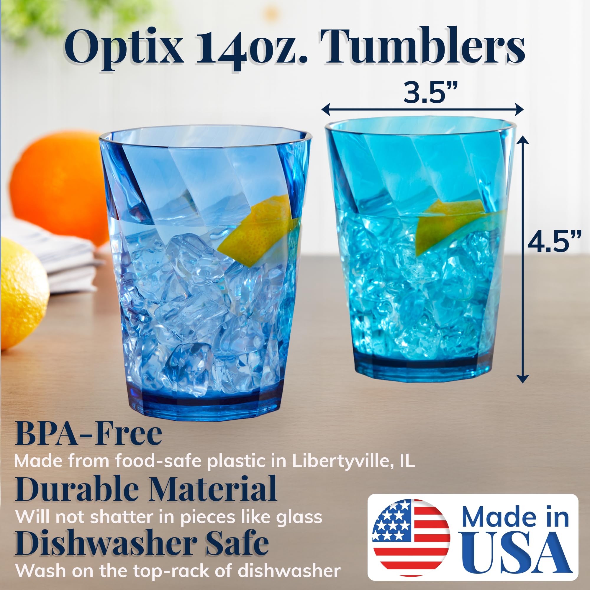 US Acrylic Set 8 Bicchieri Riutilizzabili In Plastica Sfaccettata – 4 Da 400ml E 4 Da 510ml – Infrangibili, Lavastoviglie, Made In USA