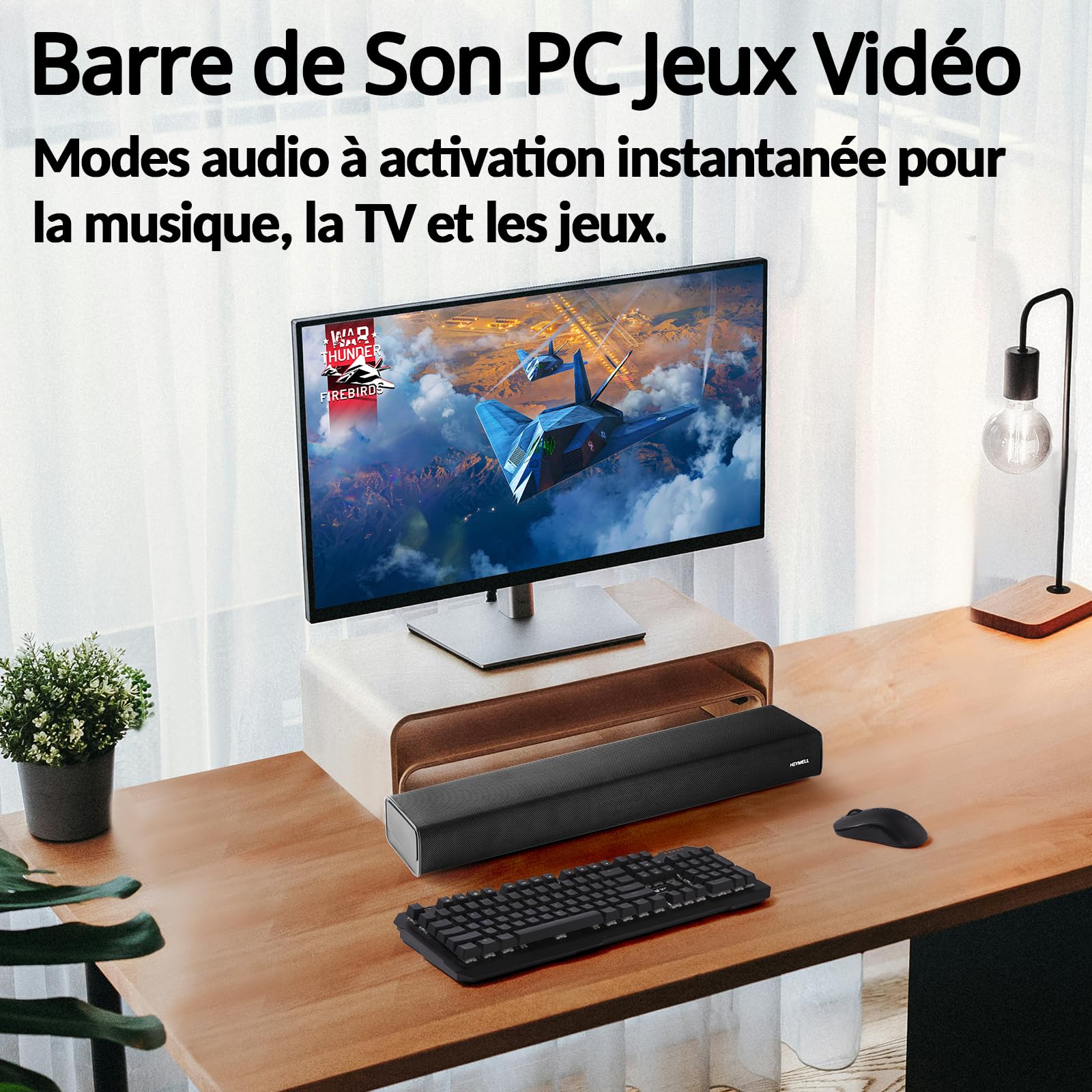 Barre de Son TV 120W 2.1ch Bluetooth 60cm HDMI Arc Caisson de Basse Mural