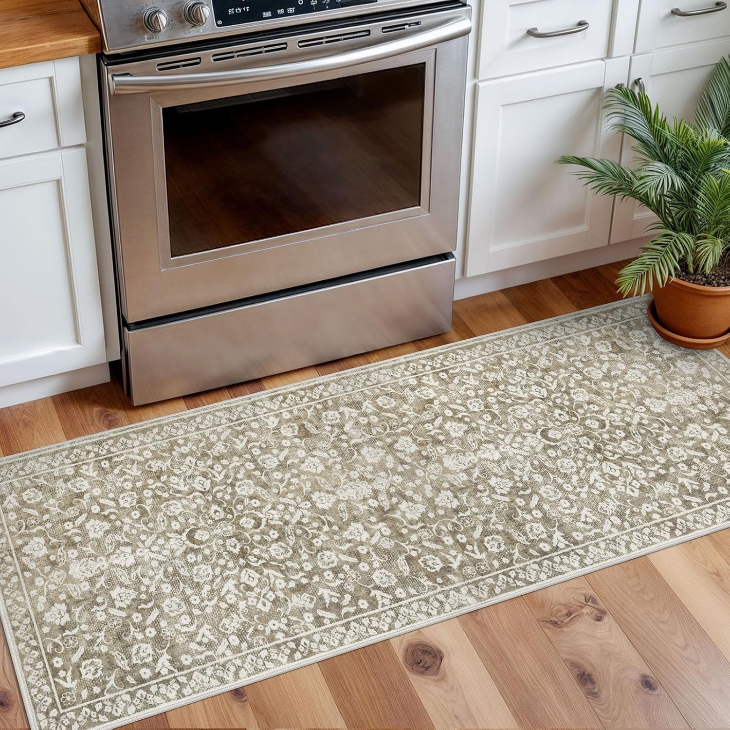 Vintage Washable 2x5 Rug Runner, Beige Taupe Runners for hallways, Super Soft Neutral Kitchen Runner Rug Non Slip, Print Faux Wool Floral Thin Carpet Runner for Entryway Laundry Room Bedroom 2' x 5' (Runner) Beige Taupe