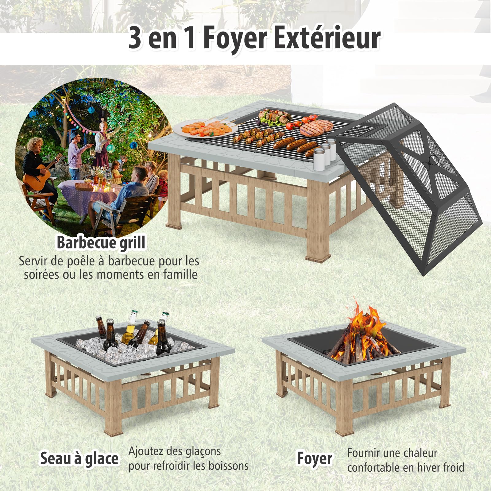 COSTWAY Brasero Extérieur Carré 3 en 1 avec Pare-étincelles (Gris+Noir)