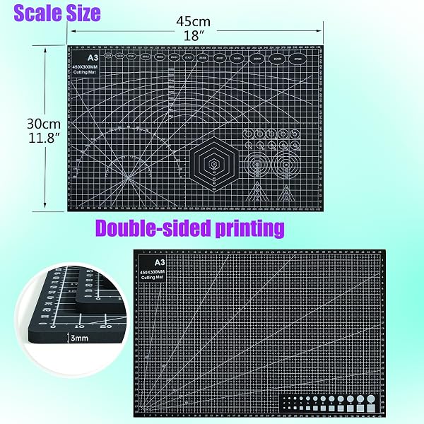 A3 Cutting Mat Set with Steel Ruler, Double Sided Self Healing Craft Mat for Sewing, Carving, Crafting, Fabric, Quilting (Black) - 2