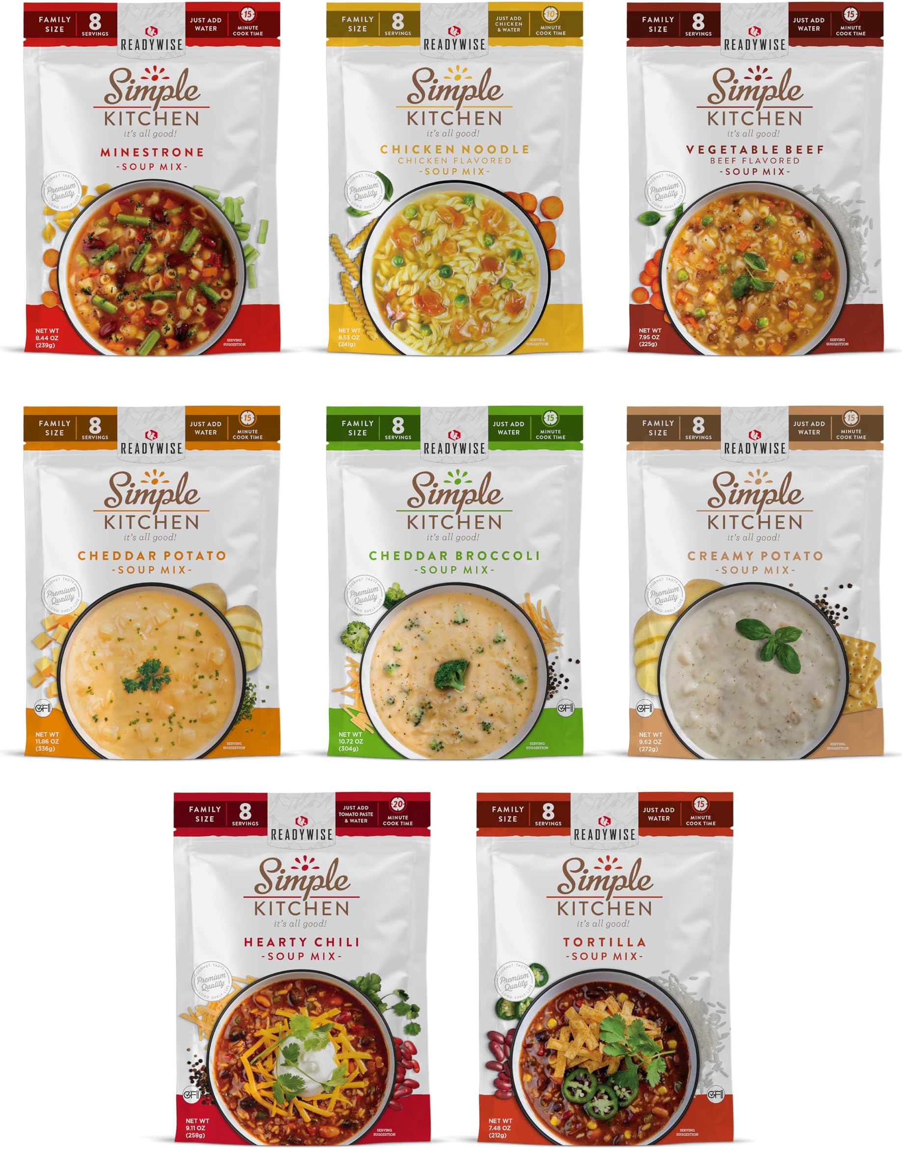 READYWISE - Simple Kitchen, Soup Sampler, Variety Pack, 8 Servings Per Pouch, Soup Mix, Family Size, Gluten Free Options, Freeze Dried Food, Soup for Family, Pack of 8