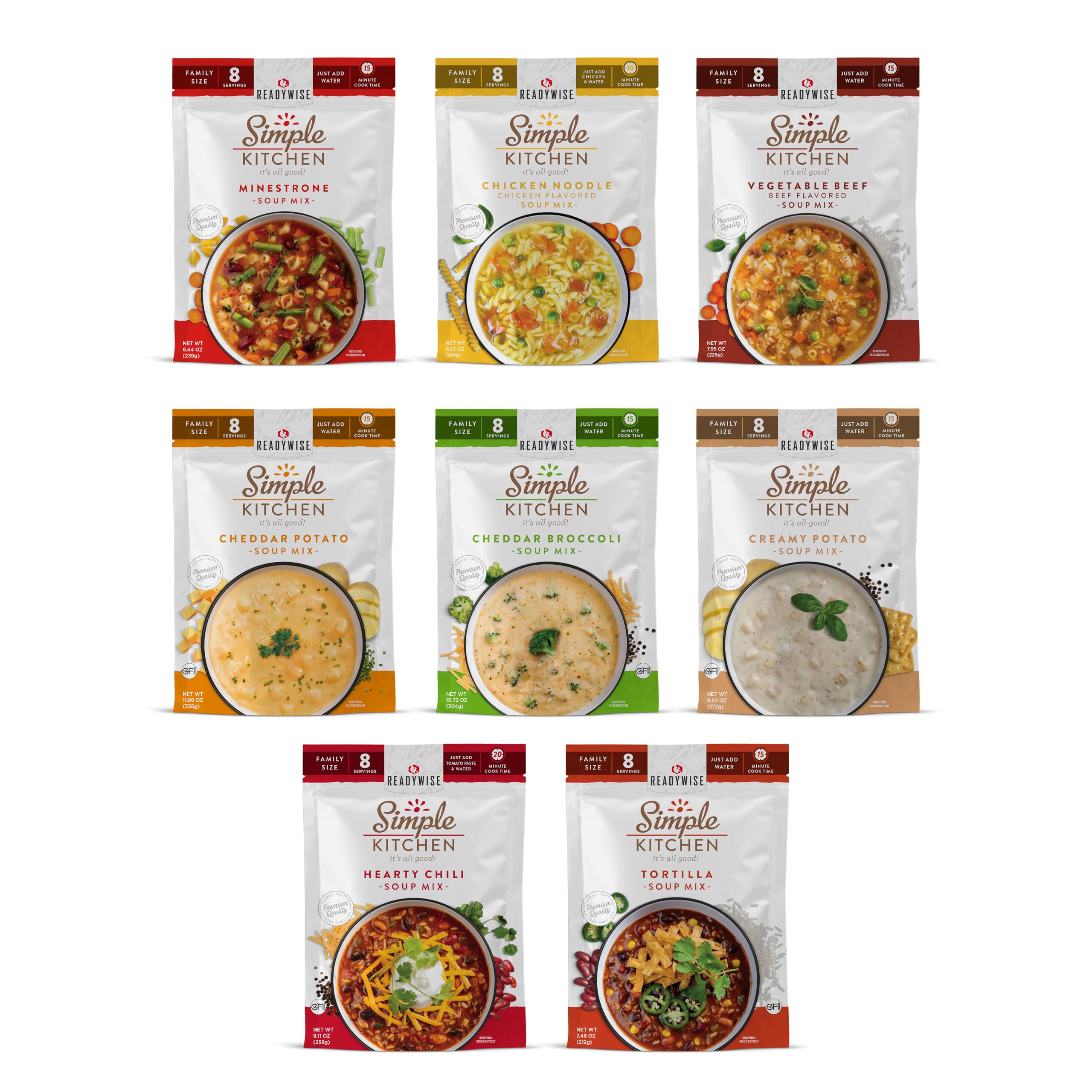 READYWISE - Simple Kitchen, Soup Sampler, Variety Pack, 8 Servings Per Pouch, Soup Mix, Family Size, MRE, Gluten Free Options, Freeze Dried Food, Ready To Eat Meals, Hiking & Backpacking Food, Soup