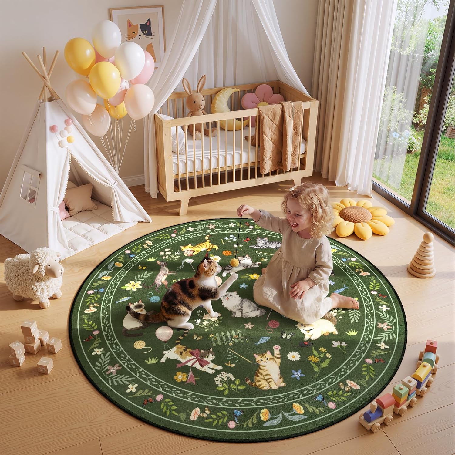 Unirea 4FT Dark Green Cat Round Rug, Washable Non Slip Circle Area Rug for Entryway, Kitchen, Bedroom, Bathroom, Nursery, Living Room, Thin Soft Circular Rugs Indoor Décor, Low Pile Carpet