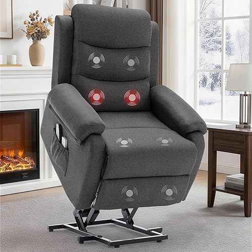 Power Lift Recliner Chair with Massage and Heat for Elderly, Electric Lift Chair for Adults, Small Recliner for Living Room Reading Room, Recliner Saves Your Favorite Position, Darkgrey