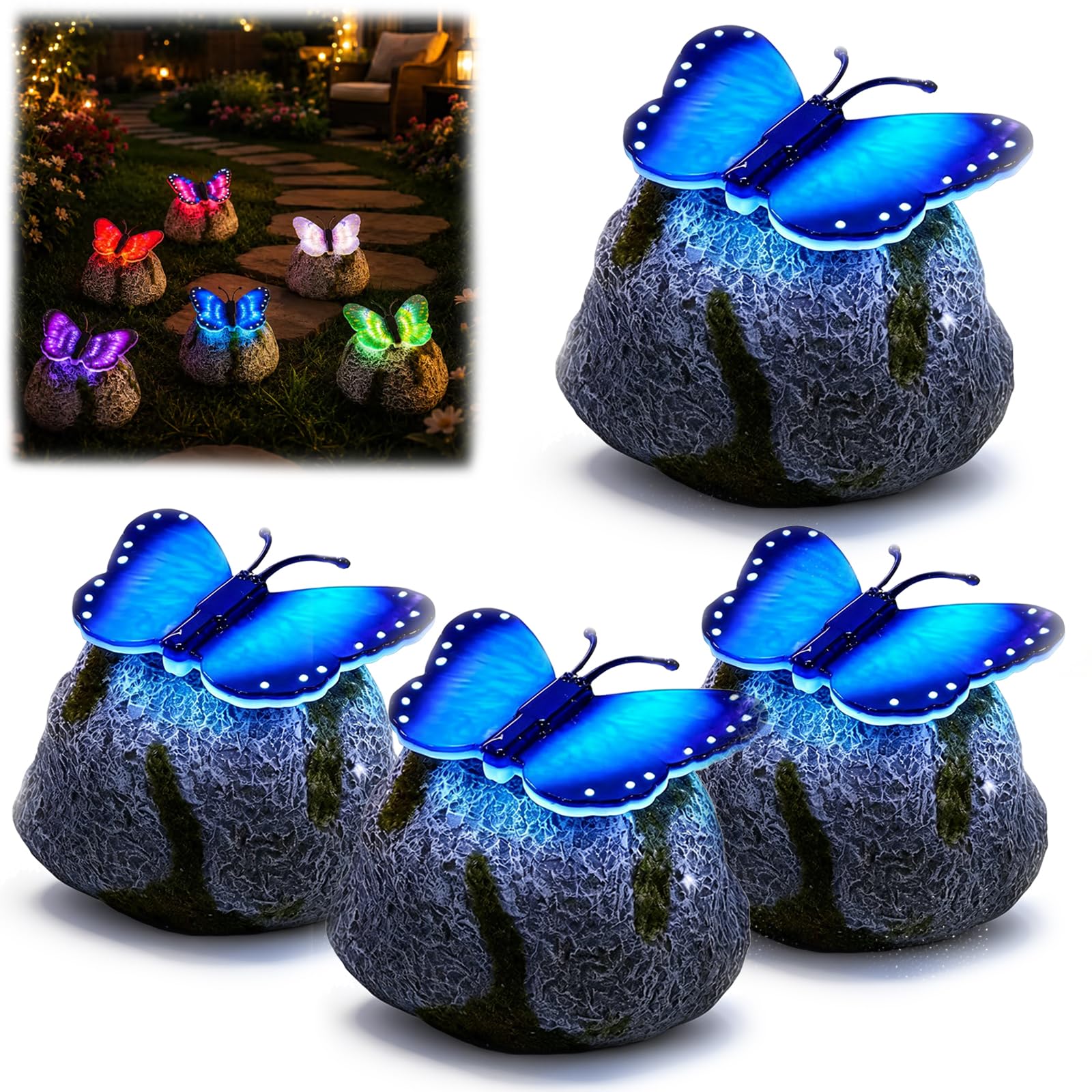 ELMVAR Illuminated Butterfly Stone Garden Light, Solar LED Powered Outdoor Decor, Waterproof Resin Butterfly Statue, Glowing Yard Ornament for Patio Lawn Flower Bed (Blue,8)