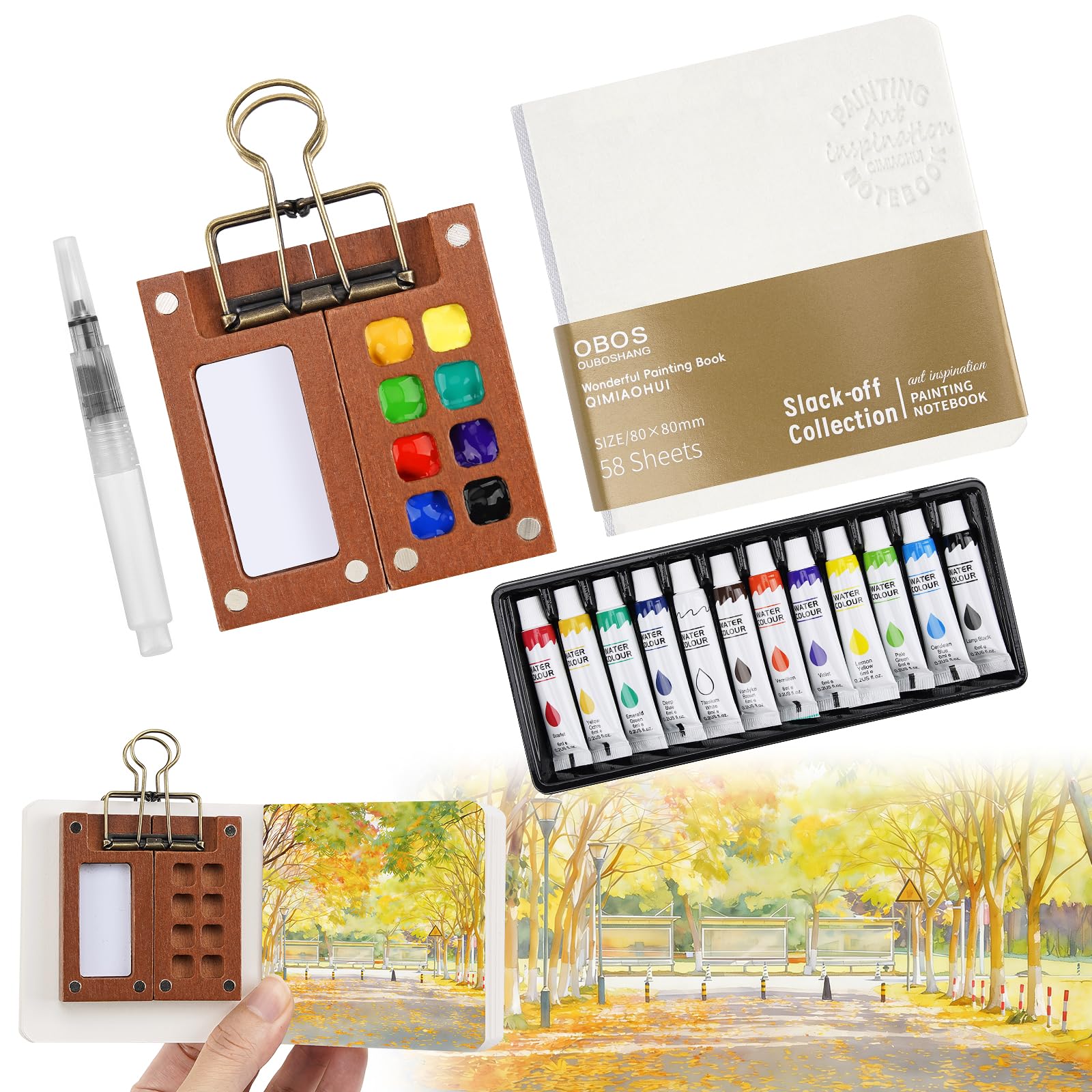 Jinkox 5 PCS Pocket Artist Watercolour Travel Set, 8 Grids Travel Watercolour Paint Set Portable, Mini Watercolour Paint Set with Foldable Wooden Palette, Mini Sketchbook for Travel Art Adult