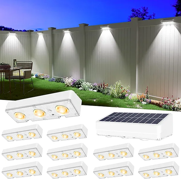 JOFIOS Solar Fence Lights Outdoor Waterproof Led, 12Pack,1300mAh,6 Inch Solar Lights for Fence with Warm White & RGB 8 Colors,Outdoor Solar Lights for Patio, Backyard, Deck, Railing (White)