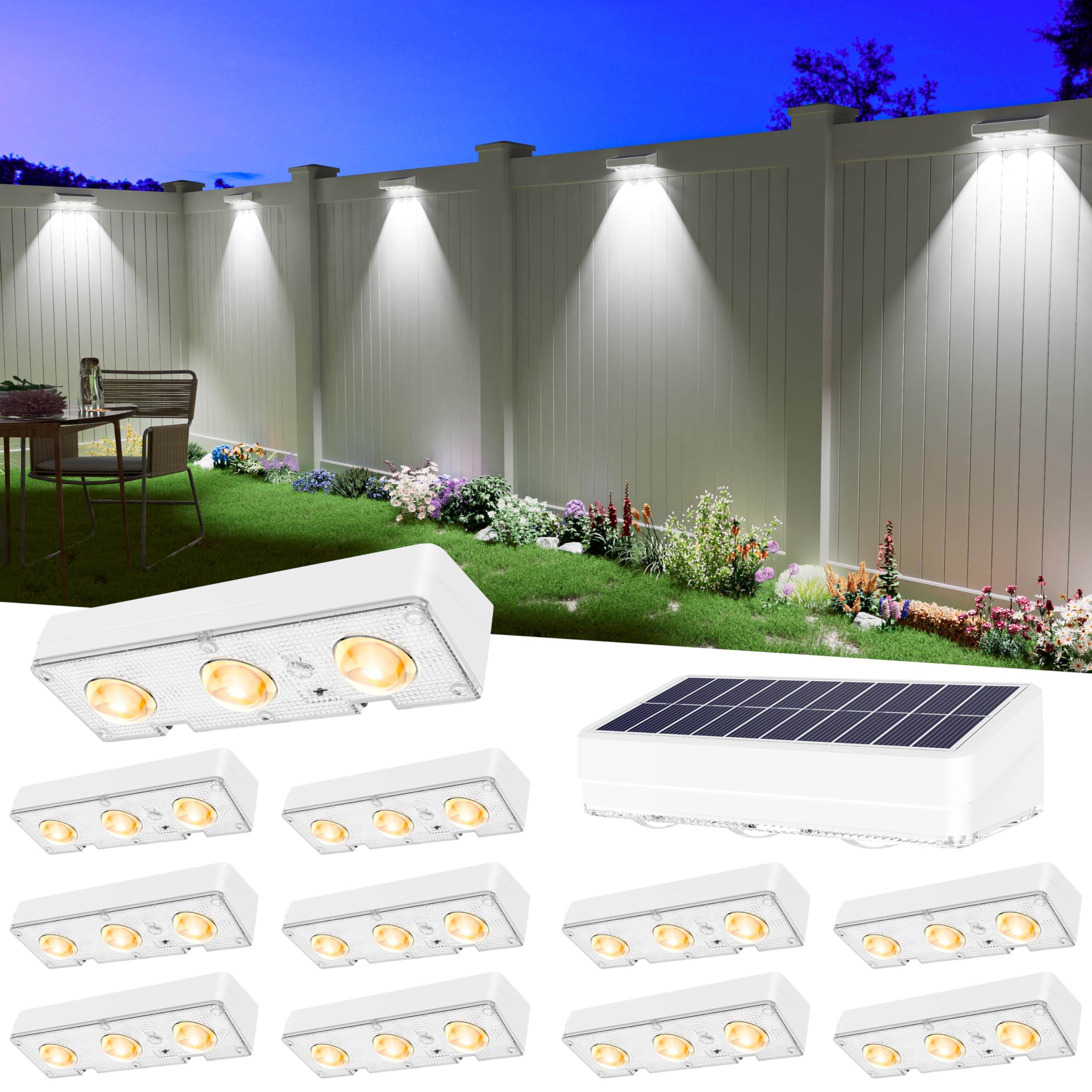 JOFIOS Solar Fence Lights, Warm White+RGB, 10H Battery,White,12Pack
