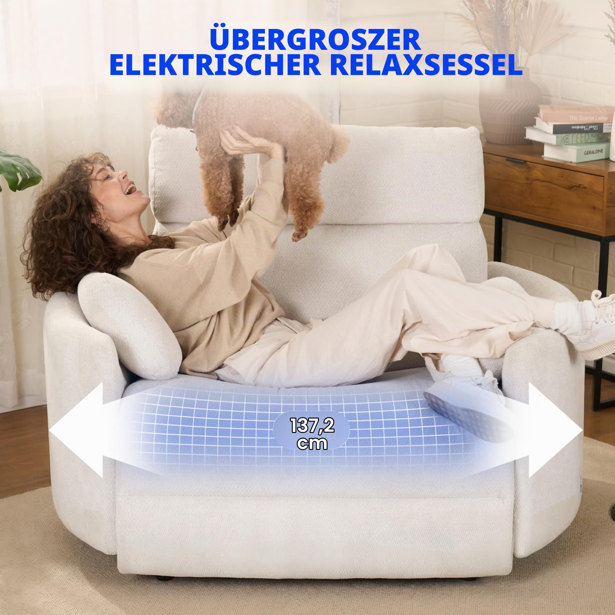 FLEXISPOT Mochi Pro Zero-Wall XXL Elektrischer Relaxsessel, 1,5-Sitzer mit 90 cm Sitzbreite, Fernsehsessel für Große & Schwere, Heimkino Sofa mit Klemmschutz, USB/Typ-C, Chenille Beige