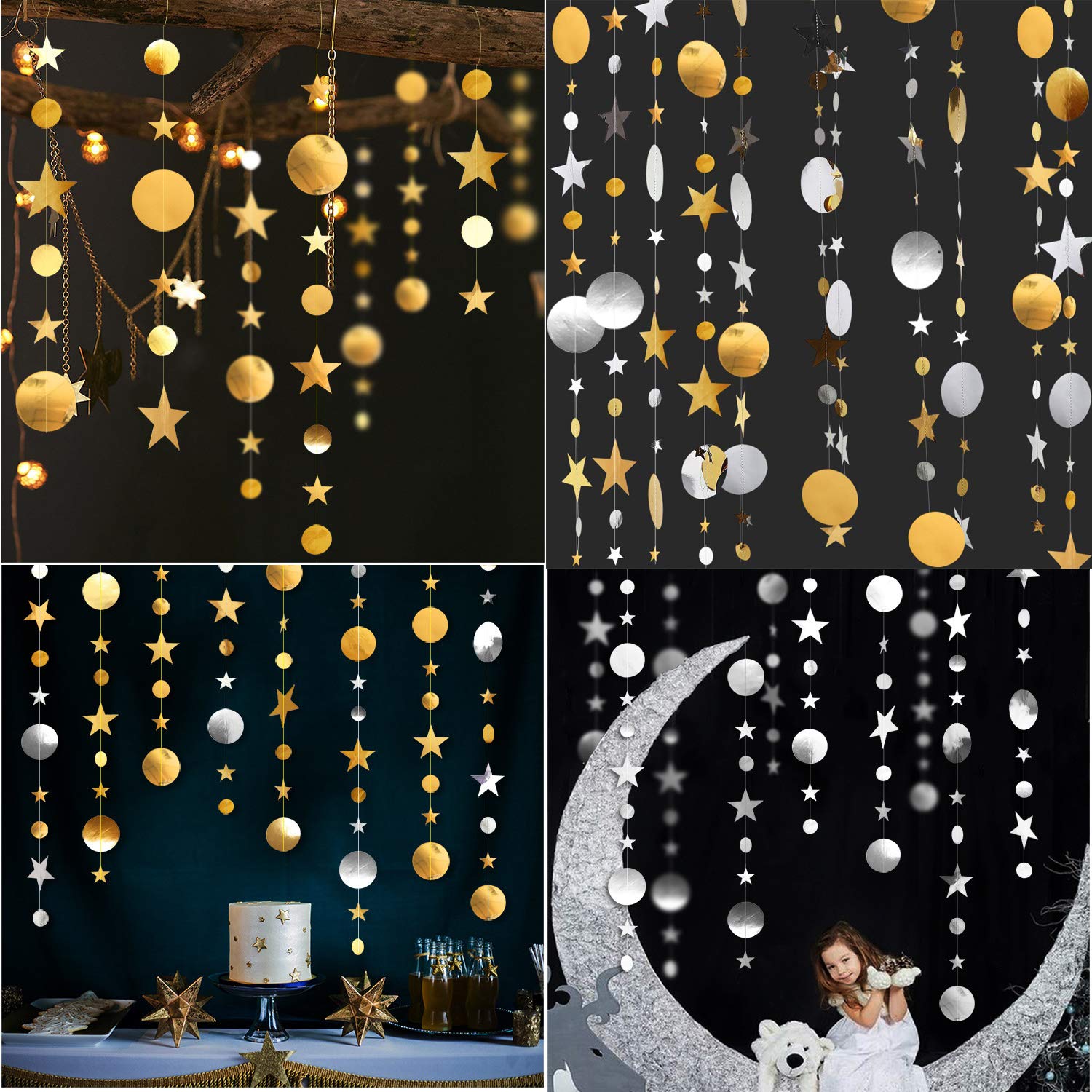 3Pcs Silver and Gold Star Sign Garland and Twinkle Little Star Cutout Hanging Decoration Bunting Banner Party Decor for Birthday/Baby Shower/Kids Boys Girls Room/Home/Christmas/New Year/Wedding