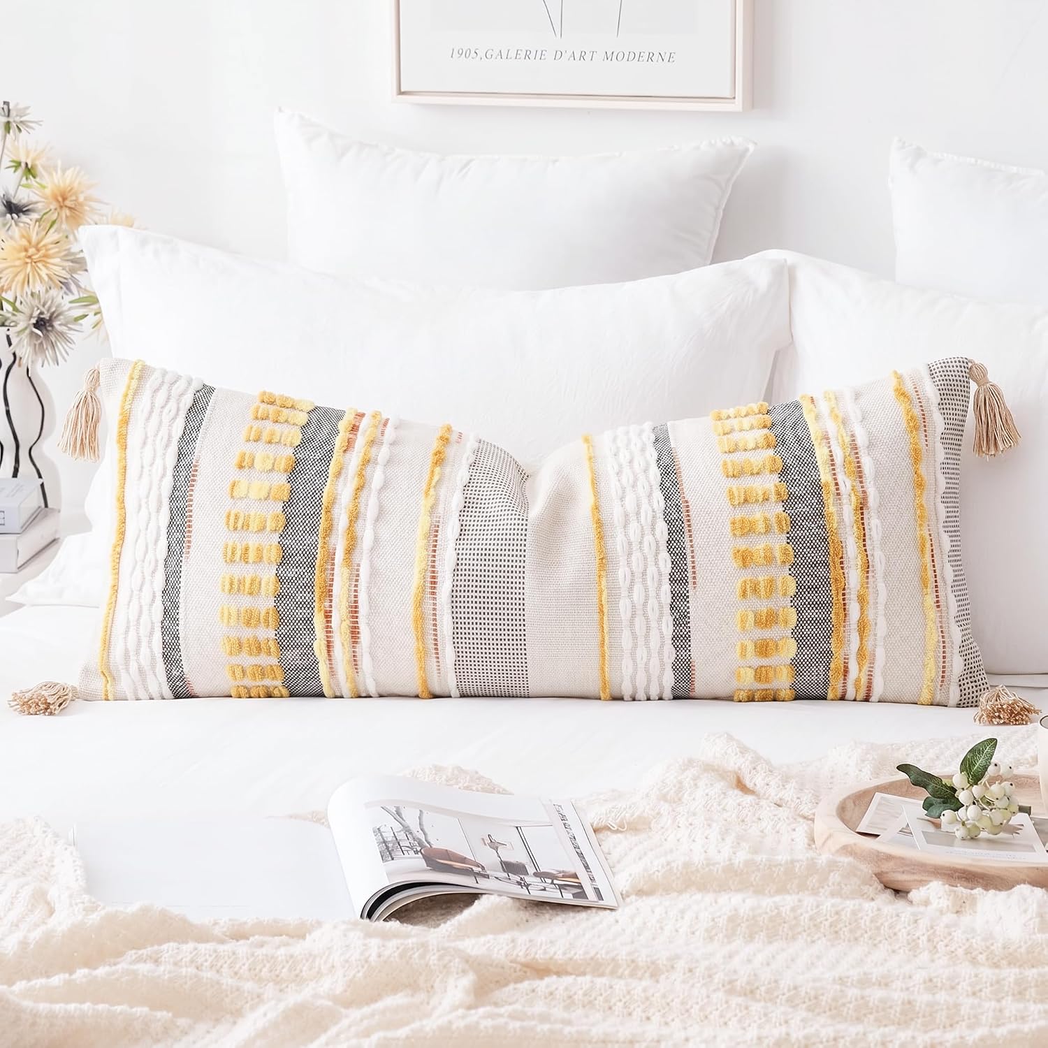 NUYECY Chenille and Cotton Long Pillow for Bed, Striped Textured Boho Lumbar Throw Pillow Cover 14x36, Neutral Accent Decorative Extra Long Body Pillow Case for Couch, Sofa, Bedroom, Yellow image 2