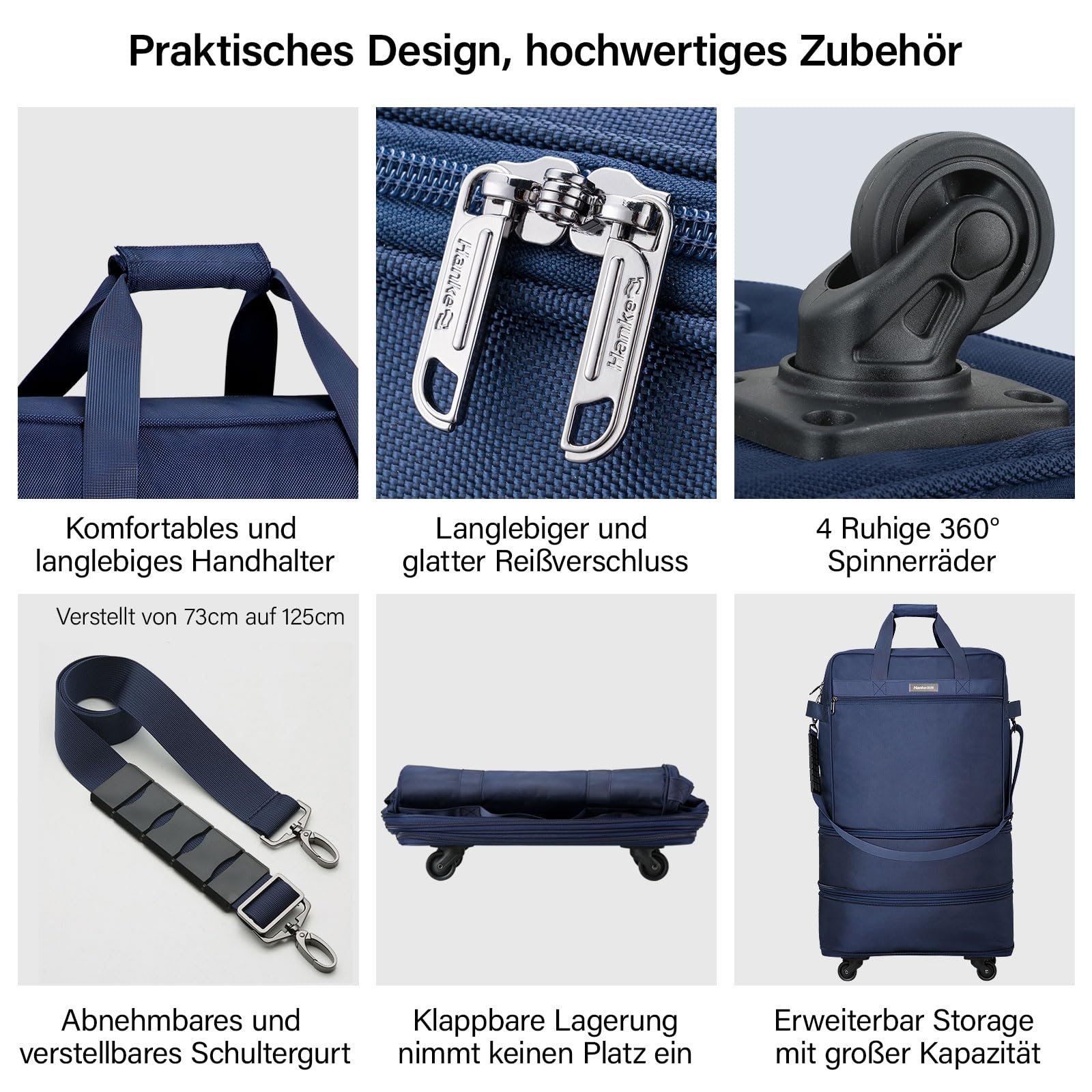 Hanke Faltbarer Reiseduffel mit Rollen Leichter Expandierbarer Reisekoffer im Platzsparenden Ohne Ausfahrbare Griffstange, Blau