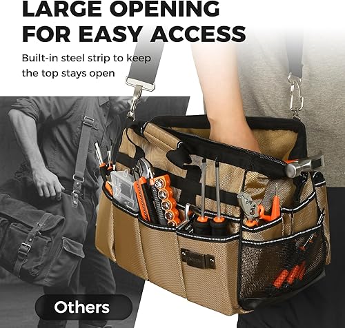 Miniatura 5 de COMOWARE Bolsa de herramientas de 16 pulgadas, organizador de herramientas resistente de 19 bolsillos con correa de hombro ajustable de 51.2