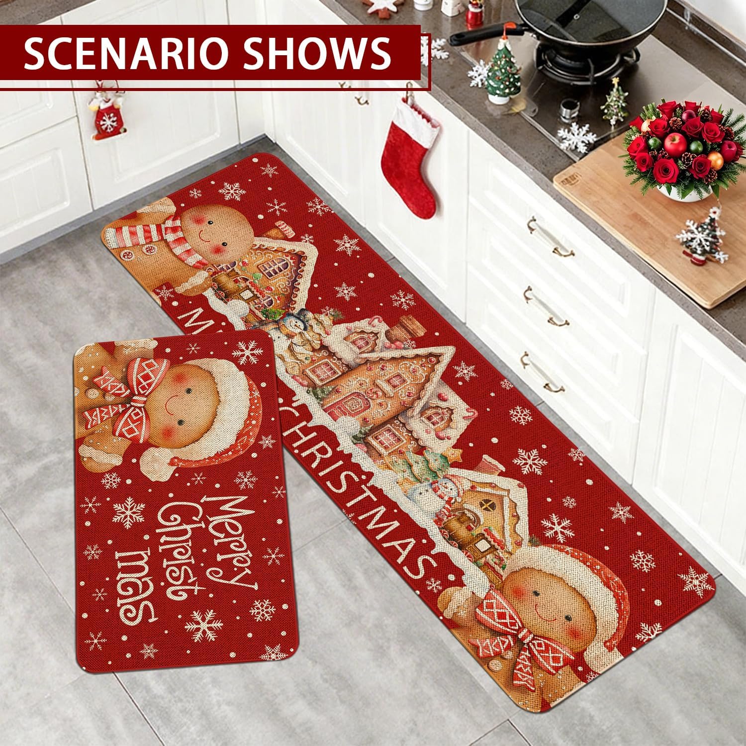Merry Christmas Kitchen Rugs Set of 2 Non-Slip Christmas Gingerbread Kitchen Mats for Floor Winter Xmas Holiday Low-Profile Washable Home Decor Rug 17x47 Inch and 17x29 Inch