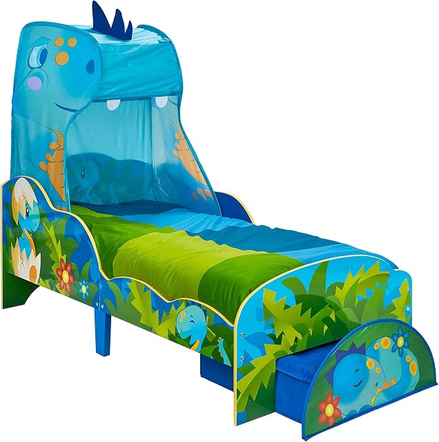 HelloHome 509DSR Dinosaur Toddler Bed With Storage And Canopy Multi, 143cm (L) x 77cm (W) x 138cm(H)